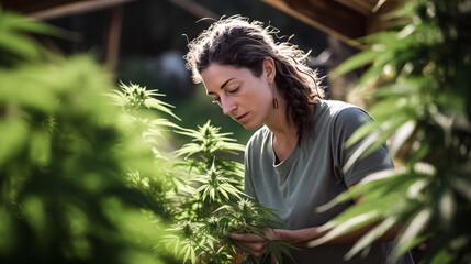 A female cannabis farmer is tending to her boutique cannabis farm, focusing on organic and sustainable practices