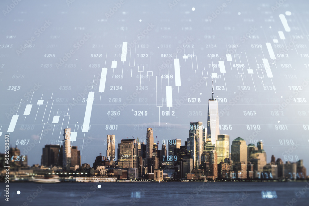 Poster Double exposure of abstract virtual statistics data hologram on New York city skyscrapers background, statistics and analytics concept