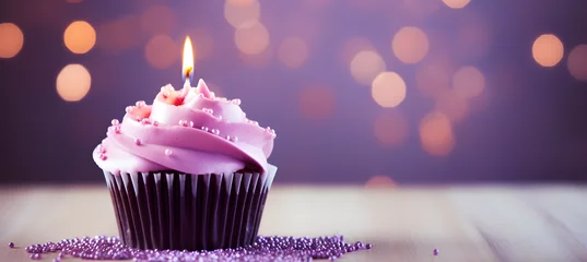 Foto op Plexiglas Birthday purple cupcake with candle on light purple boke © Kateryna Kordubailo