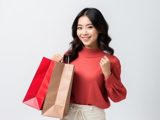 Fototapeta na wymiar happy Asian woman holding paper shopping bags on pastel colored background