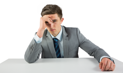 Digital png photo of caucasian businessman sitting with hand on forehead on transparent background