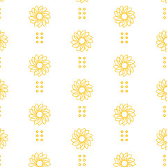 Digital png illustration of rows of yellow flowers and circles on transparent background