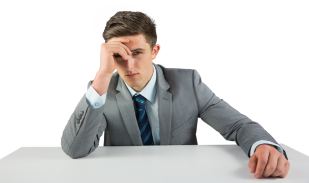 Digital png photo of caucasian businessman sitting with hand on forehead on transparent background - Powered by Adobe