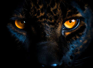 Black Panther Cloe up portrait, Serious Eyes look, beautiful face, Black and Gold fur 