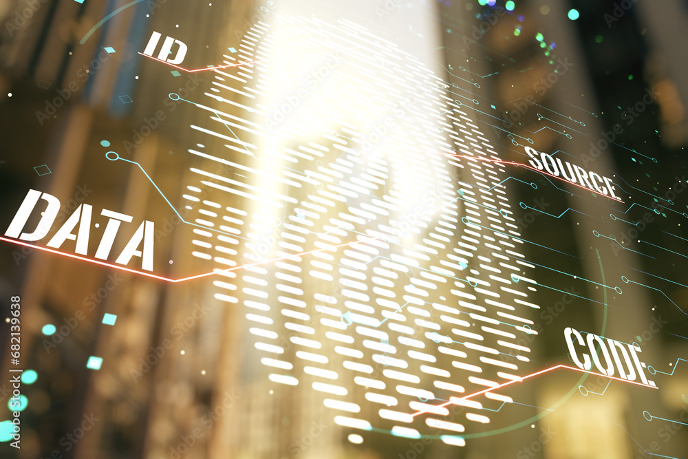 Poster Multi exposure of virtual creative fingerprint hologram on modern skyscrapers background, personal biometric data concept