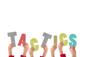 Digital png illustration of hands and tactics text on transparent background