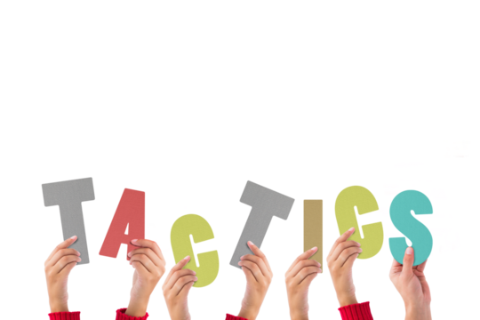 Digital png illustration of hands and tactics text on transparent background