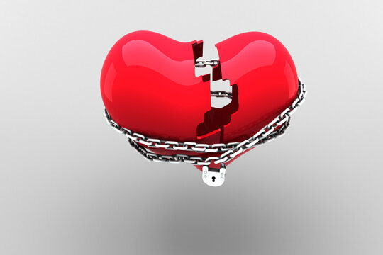 Digital png illustration of red broken heart with chain and padlock on transparent background
