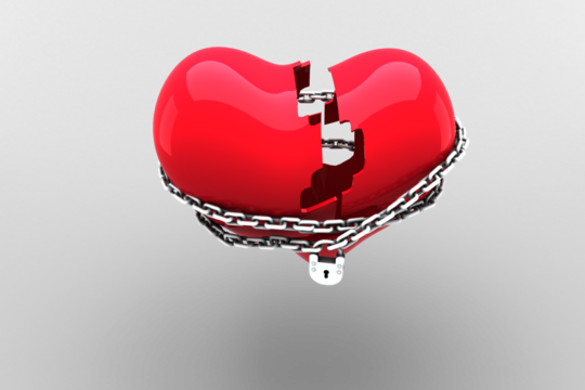 Digital png illustration of red broken heart with chain and padlock on transparent background - Powered by Adobe