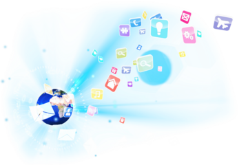 Digital png illustration of earth, envelopes and computer icons on transparent background