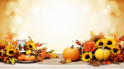 Naklejka na ściany i meble Festive autumn decoration with pumpkins, flowers and fall leaves. Thanksgiving day or Halloween banner concept. 