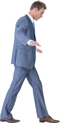 Digital png photo of focused caucasian businessman walking and balancing on transparent background
