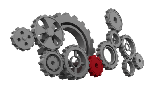 Digital png illustration of many gears connected on transparent background