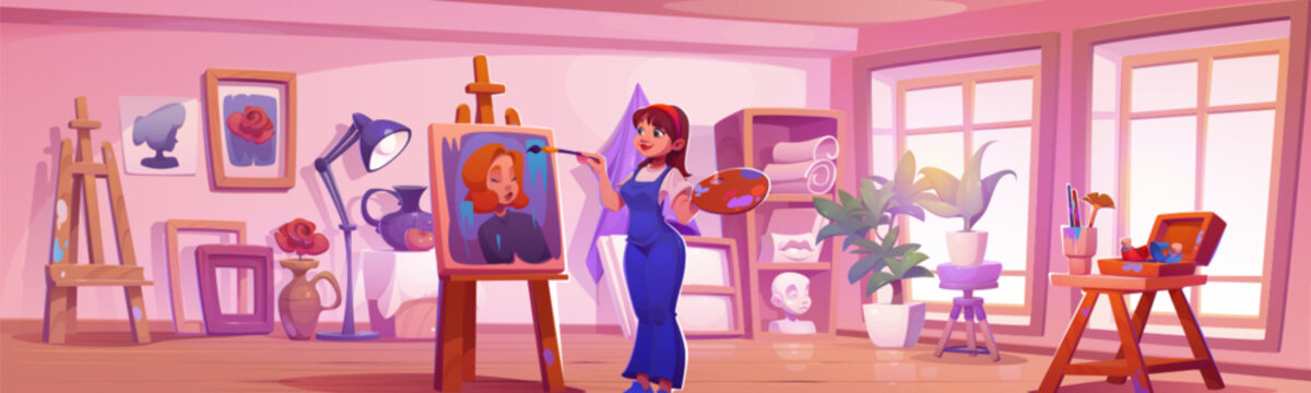 Young girl drawing picture with paints and brush while standing in art studio room with creative artistic tools and materials. Cartoon vector illustration of painting workshop with female author.