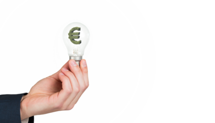 Digital png illustration of hand holding bulb with euro sign on transparent background