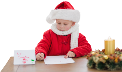 Digital png photo of focused caucasian boy in santa hat writing letter on transparent background
