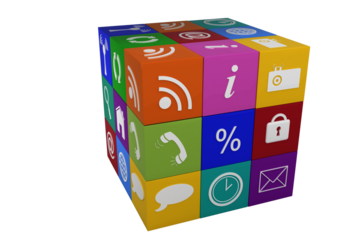 Digital png illustration of colourful cube made of computer icons on transparent background