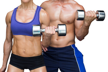 Digital png photo of mid section of athletes couple lifting dumbbells on transparent background - Powered by Adobe