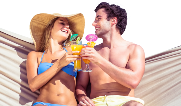Digital png photo of happy caucasian couple on hammock with drinks on transparent background - Powered by Adobe