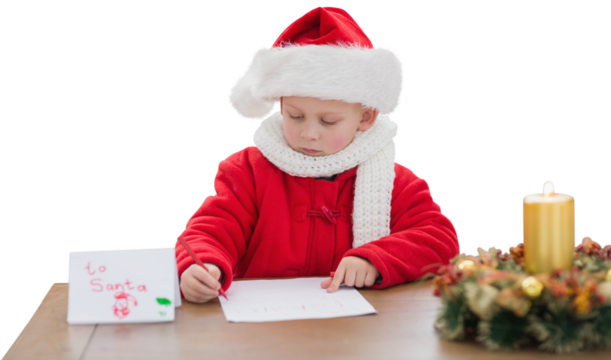Digital png photo of focused caucasian boy in santa hat writing letter on transparent background - Powered by Adobe