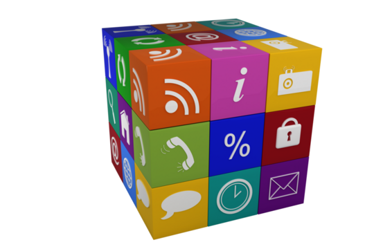 Digital png illustration of colourful cube made of computer icons on transparent background