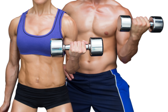 Digital png photo of mid section of athletes couple lifting dumbbells on transparent background