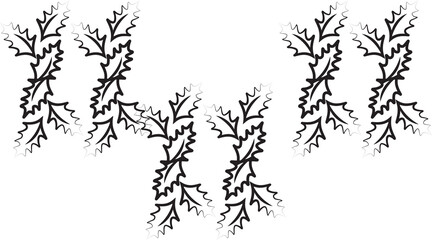 Digital png illustration of black leaves repeated on transparent background