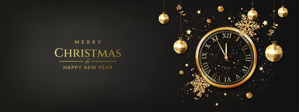 Christmas and New Year greeting card with new year clock, balls, snowflakes, ribbons and confetti.