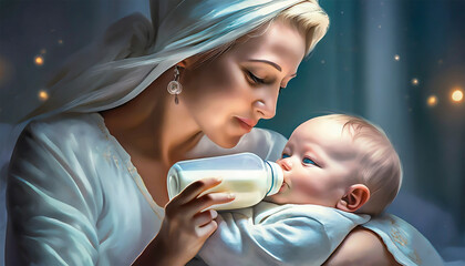 Matka karmiąca niemowlę mlekiem z butelki