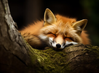 A cute fox sleeping in the woods in the middle of green leaves,  