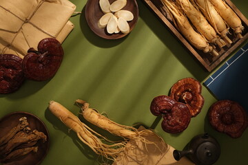 Scene for medicine advertising, photography traditional medicine concept. Some rare herbs displayed...