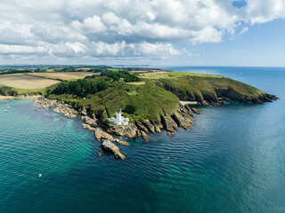 St Anthony's Head Lighthouse, Truro Cornwall aerial view.