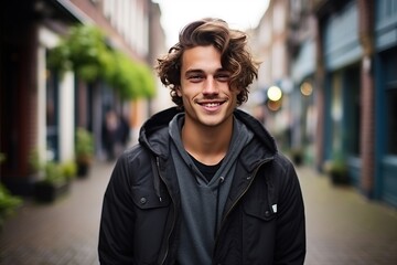 Fototapeta premium A beautiful and handsome smiling, happy and pleased man with positive vibes. Human person dressed in fashionable, colorful and fun clothes. Generative AI, AI