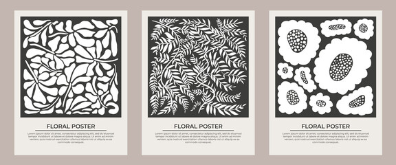 Abstract floral poster set. Groovy flowers and leaves in trendy naive retro style. 