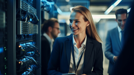 Young woman IT specialist working in data center. Generative AI