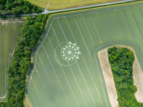 A crop circle, crop formation, or corn circle is a pattern created by flattening a crop.  Hampshire. UK.  Aerial view
