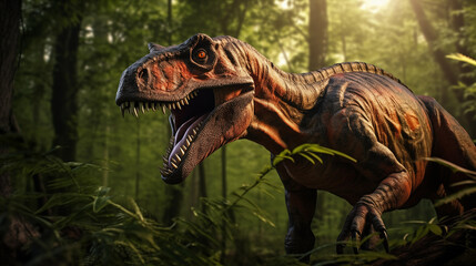 Raptor dinosaur among lush foliage in jungle rainforest. Generative AI