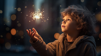 Excited little boy child holding sparkler stick generative ai - Powered by Adobe
