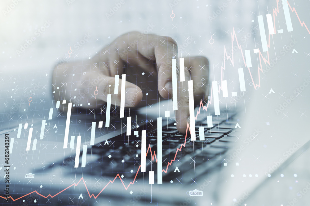 Poster multi exposure of abstract creative financial chart with hand typing on computer keyboard on backgro