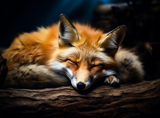 Fototapeta premium A cute fox sleeping in the woods in the middle of green leaves, 