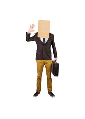 Digital png photo of caucasian elegant man with suitcase and box on head on transparent background