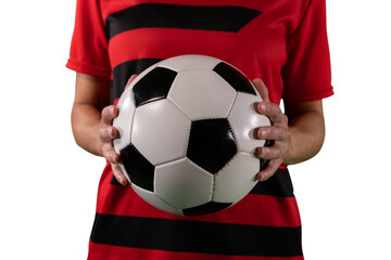 Digital png photo of mid section of female football player holding ball on transparent background - Powered by Adobe