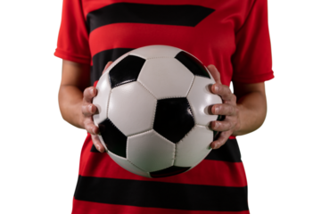 Digital png photo of mid section of female football player holding ball on transparent background