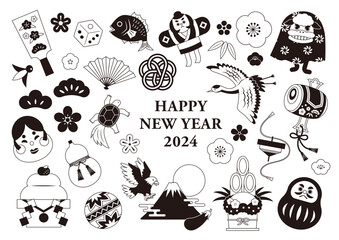 モノクロ お正月イラストセット