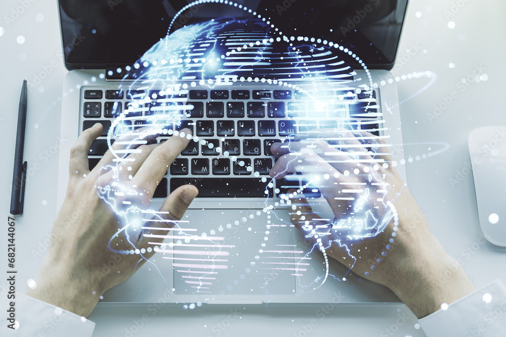 Poster abstract graphic digital world map with connections and hands typing on computer keyboard on backgro