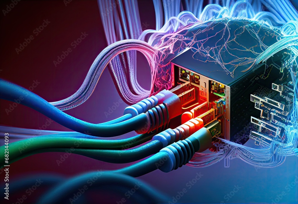 Poster lan network connection ethernet cable with computer chip. intern