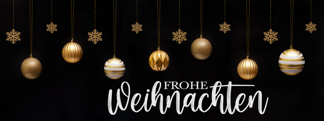 Frohe Weihnachten, festliche Grußkarte mit deutschem Text – Hängende goldene Christbaumkugeln,...