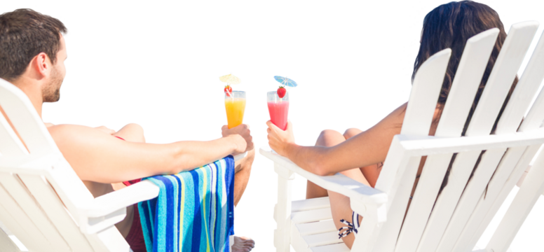 Digital png photo of caucasian couple in beachwear with drinks on transparent background