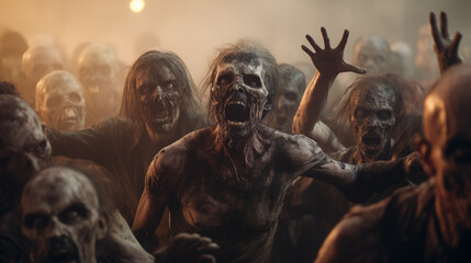 Zombie apocalypse generative ai, dead people crowd with spooky faces screaming