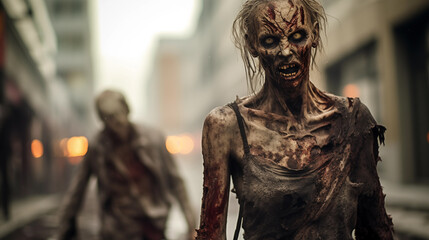 Fototapeta premium Bloodthirsty evil zombie attack on city street generative ai